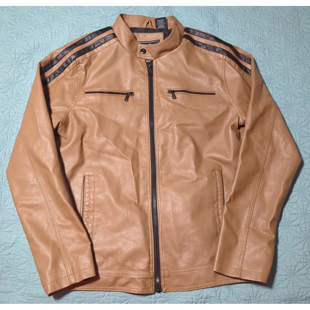 Hard Edge Men's Faux Leather Jacket Sz L Tan Black Stripes Pockets Motorcycle